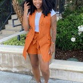 Elegant Striped Print Two Pieces, Double-Breasted Lapel Collar Sleeve Vest & Paper Bag Waist Belted Shorts Outfits, Women&