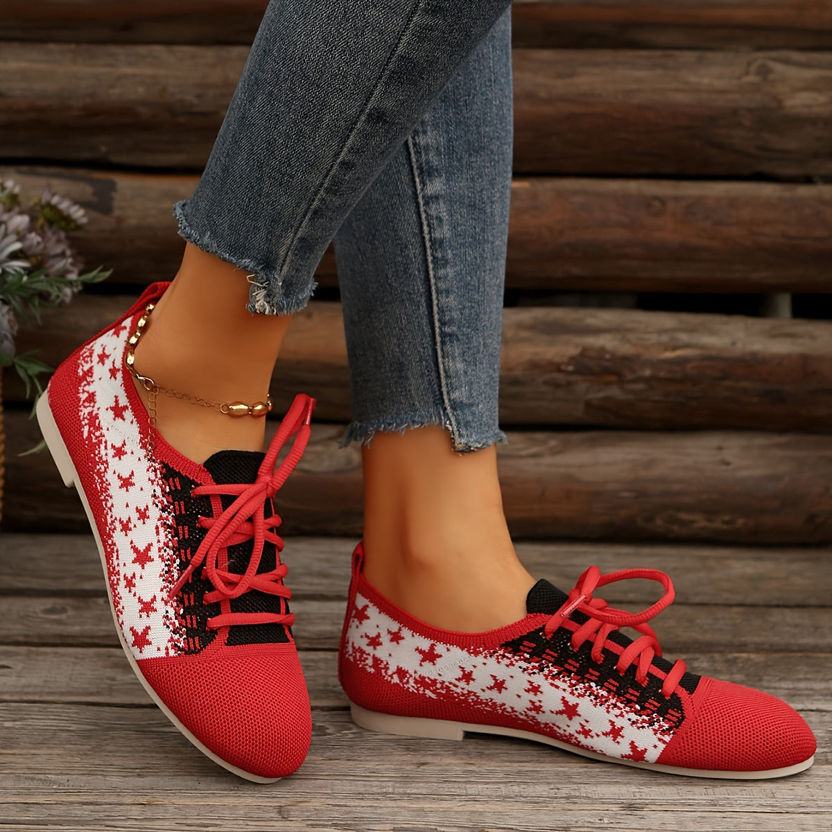 Women'S Casual Sports Flats with Star Pattern, Breathable Fabric Upper, Round Toe Lace-Up Sneakers, All-Season Rubber Sole Shoes from Taizhou