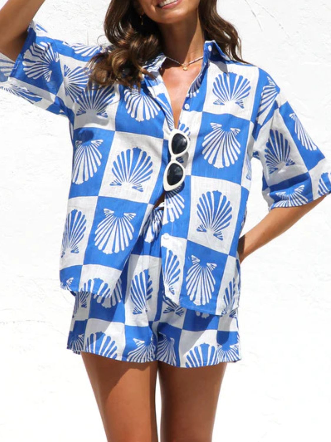 Printed Button Down Short Sleeve Top and Shorts Set - MyEmpired