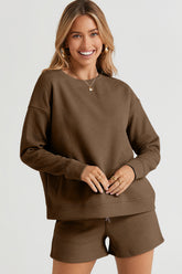 Double Take Full Size Texture Long Sleeve Top and Drawstring Shorts Set - MyEmpired