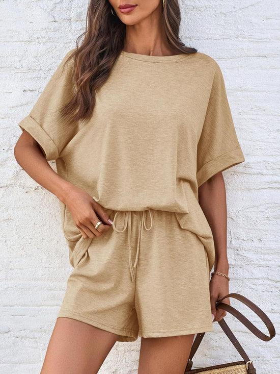 Round Neck T-Shirt and Drawstring Shorts Set - MyEmpired