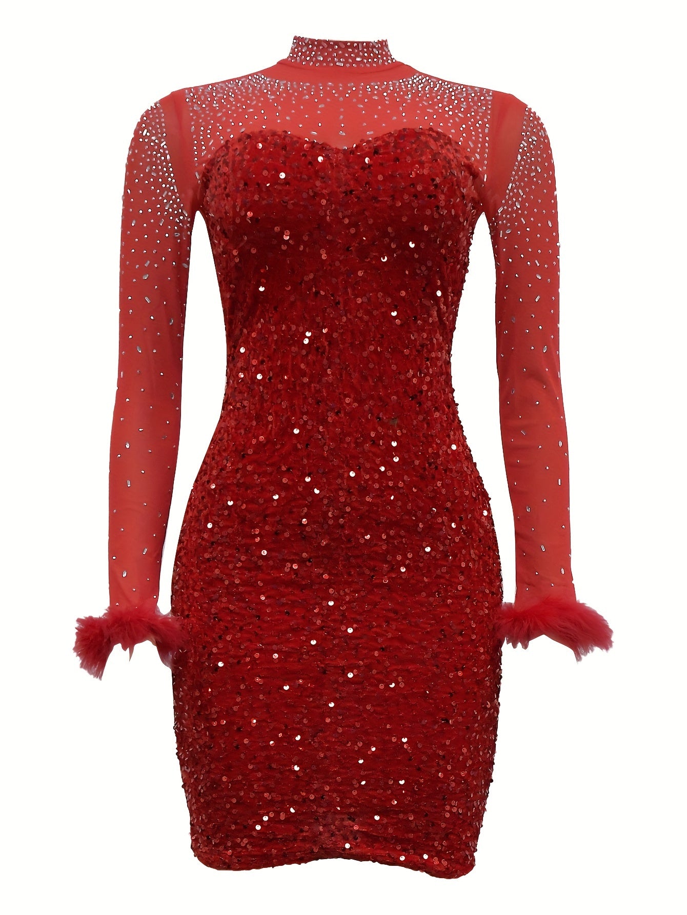 Elegant Sequined Feathered Dress for Women - Polyester Knit Fabric, Long Sleeve, A-Line Short Skirt, Round Neck, Solid Color, Fit & Flare Style, No Belt, Spring/Fall Collection - MyEmpired