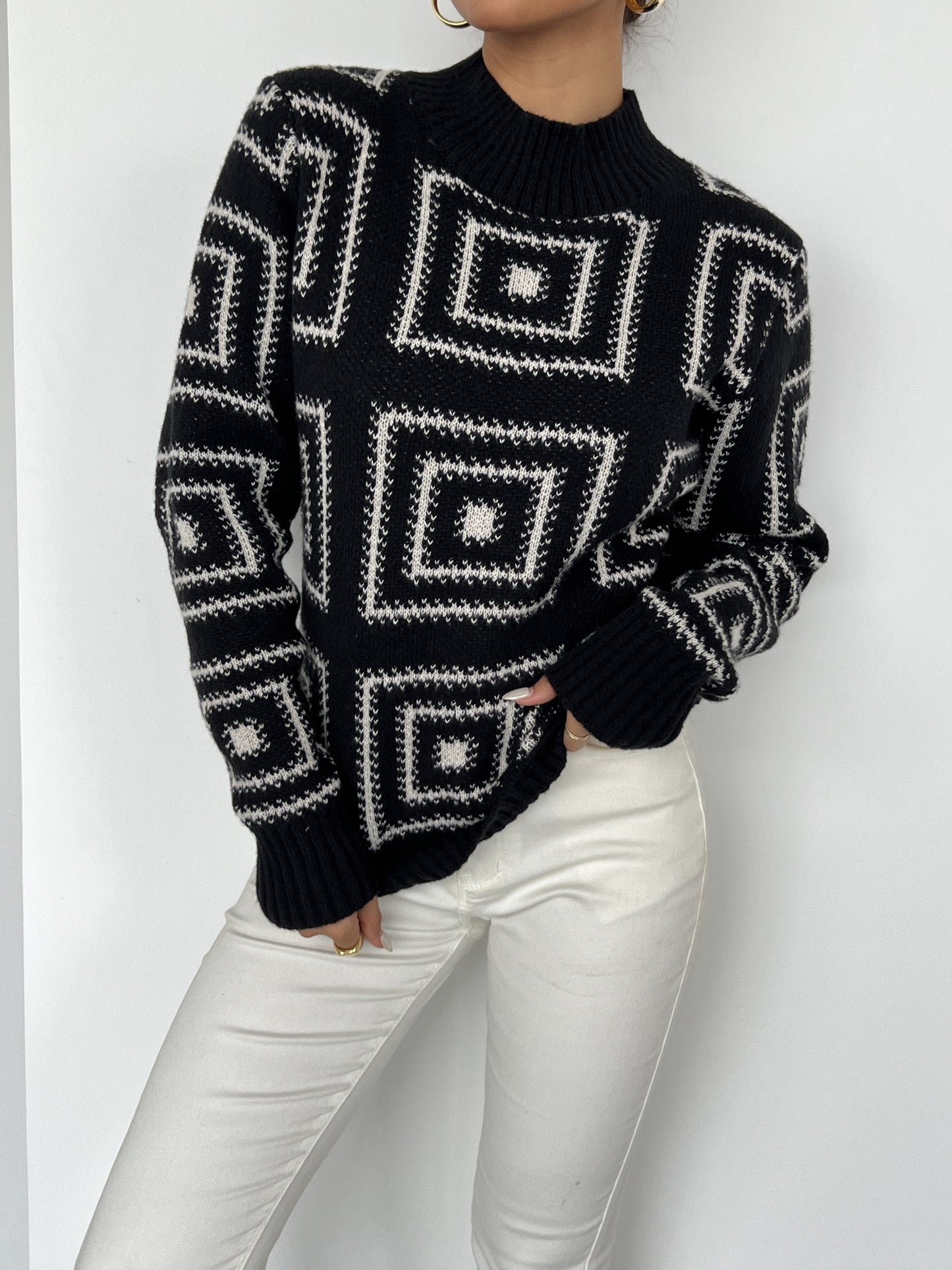 Geometric Pattern Mock Neck Sweater, Elegant Long Sleeve Sweater For Fall & Winter, Women's Clothing