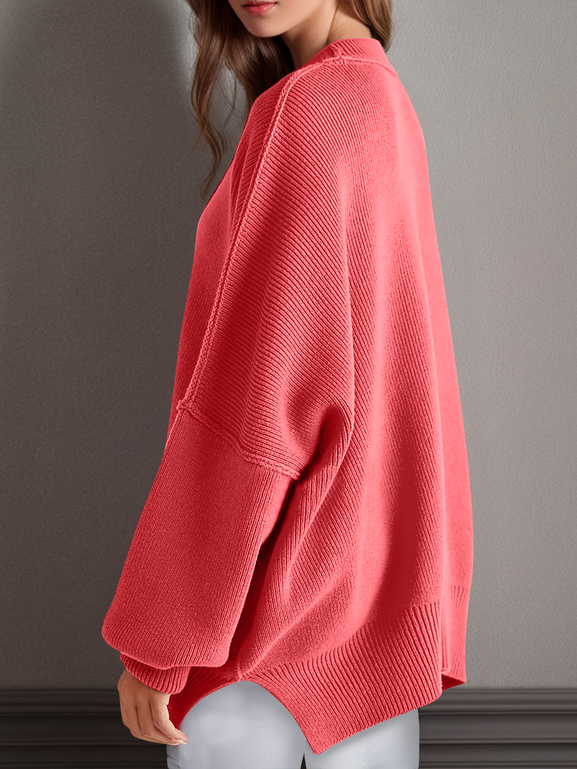 Double Take Side Slit Round Neck Long Sleeve Sweater - MyEmpired