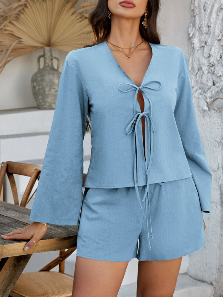 Devine Double Tied V-Neck Top and Shorts Set - MyEmpired