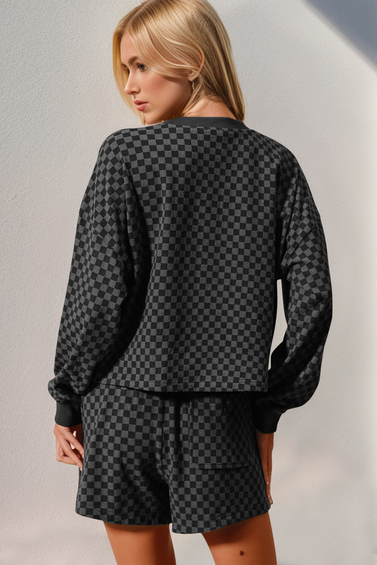 Double Take Checkered Half Button Top and Shorts Set - MyEmpired