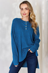 Basic Bae Full Size Ribbed Half Button Long Sleeve High-Low T-Shirt - MyEmpired