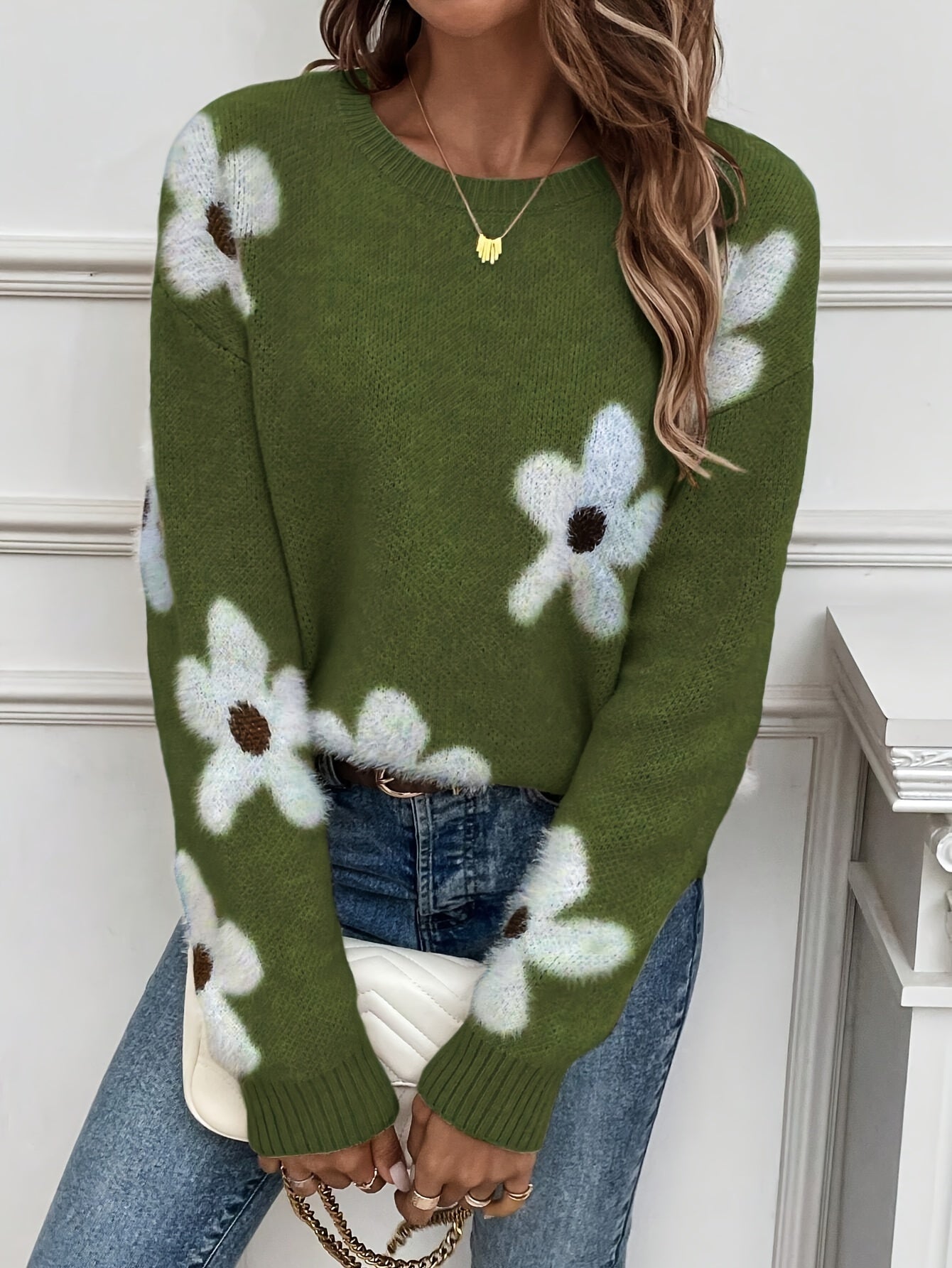 Floral Pattern Crew Neck Sweater, Casual Long Sleeve Sweater For Fall & Winter, Women's Clothing