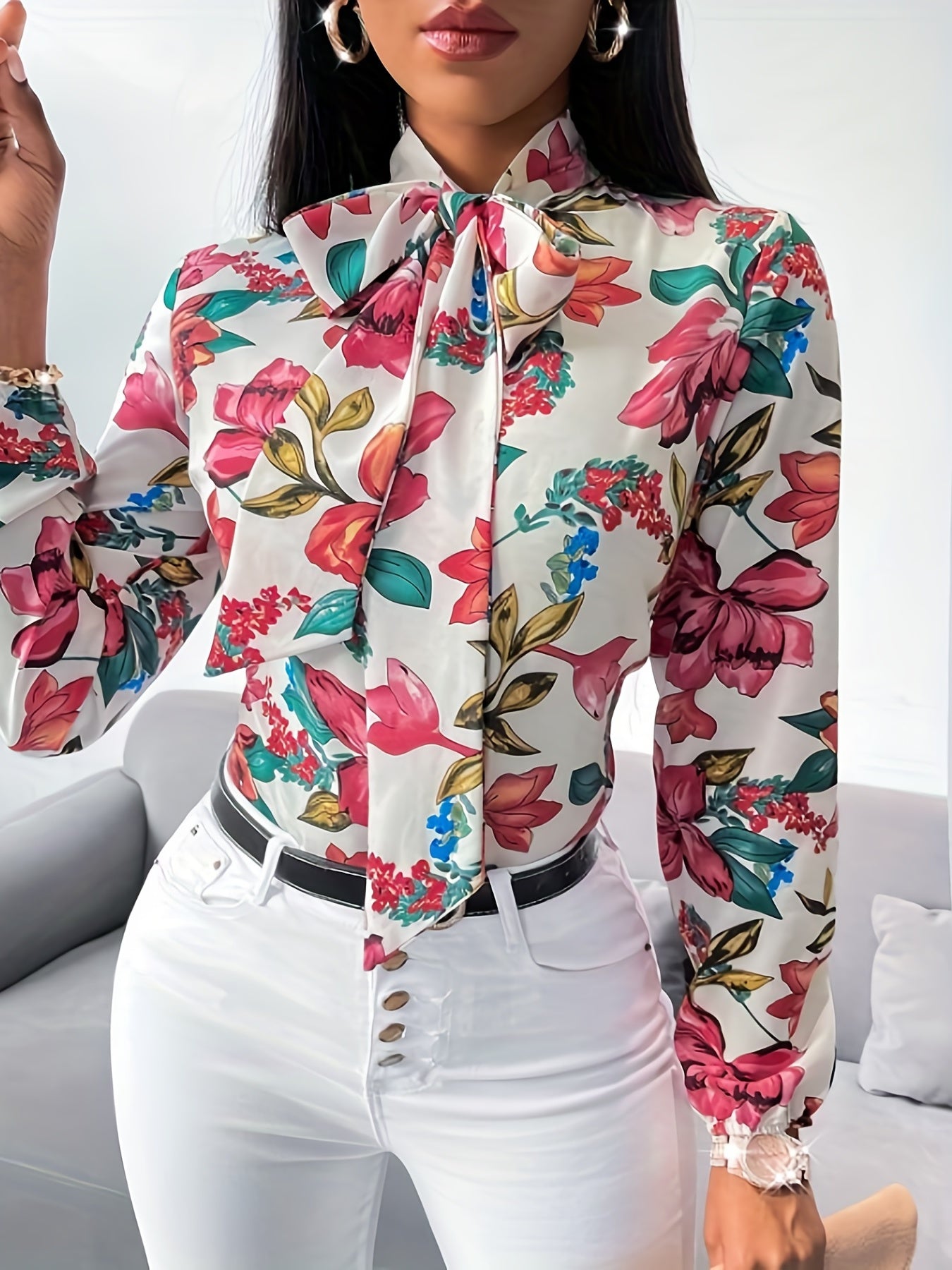 Floral Print Tie Neck Blouse