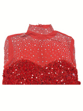 Elegant Sequined Feathered Dress for Women - Polyester Knit Fabric, Long Sleeve, A-Line Short Skirt, Round Neck, Solid Color, Fit & Flare Style, No Belt, Spring/Fall Collection - MyEmpired