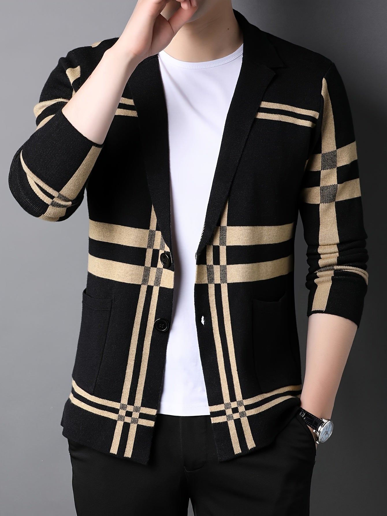 Men's Striped Knit Cardigan - Casual & Business-Ready, Button-Up with Lapel Collar for Fall/Winter, for Autumn, Spring