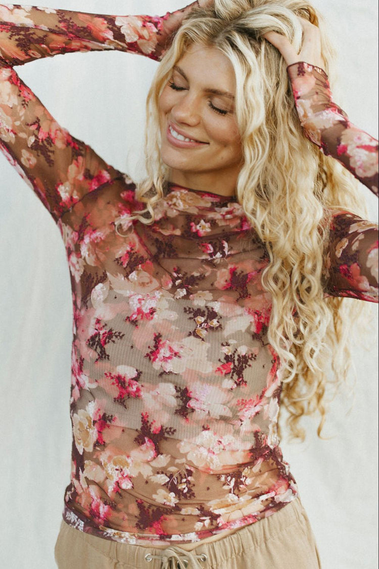 Floral Mock Neck Long Sleeve Sheer Top - MyEmpired