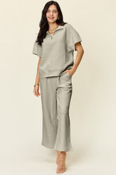 Double Take Full Size Texture Half Zip Short Sleeve Top and Pants Set - MyEmpired
