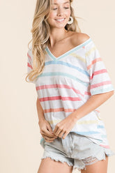 BiBi Striped V-Neck Short Sleeve T-Shirt - MyEmpired