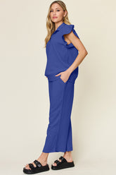 Double Take Texture Ruffle Short Sleeve Top and Drawstring Wide Leg Pants Set - MyEmpired