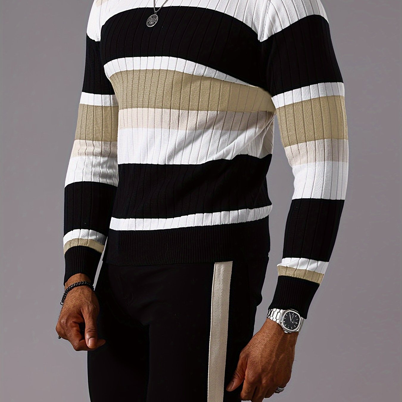 Men's Casual Striped Color Block Long Sleeve Knit Pullover - Round Neck, Machine Washable, Striped, Round Neck, Long Sleeve, Knit Sweater