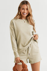 Double Take Full Size Texture Long Sleeve Top and Drawstring Shorts Set - MyEmpired