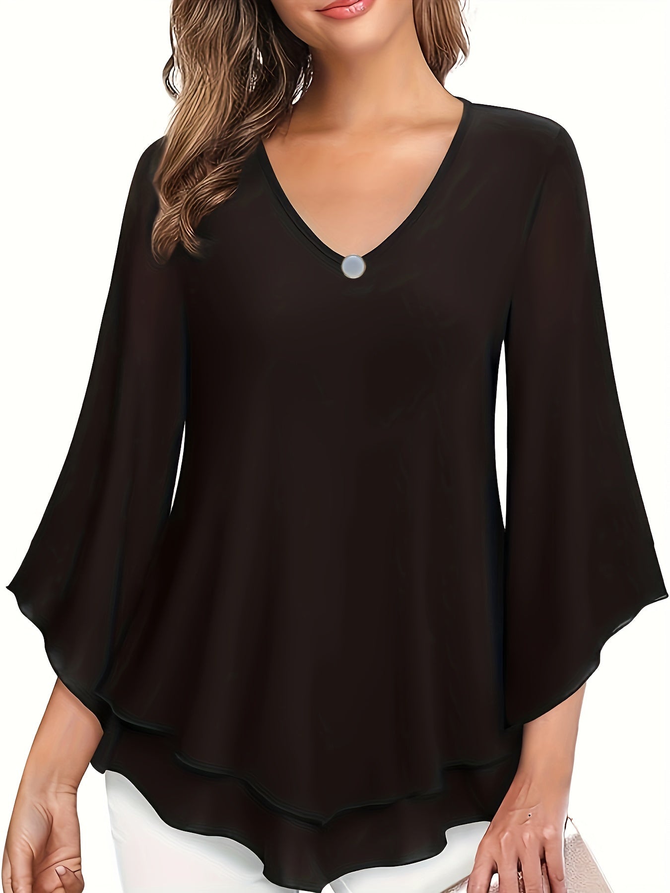 Solid Color V-neck Blouse, Casual Flare Sleeve Layered Hem Top For Spring & Fall, Women's Clothing