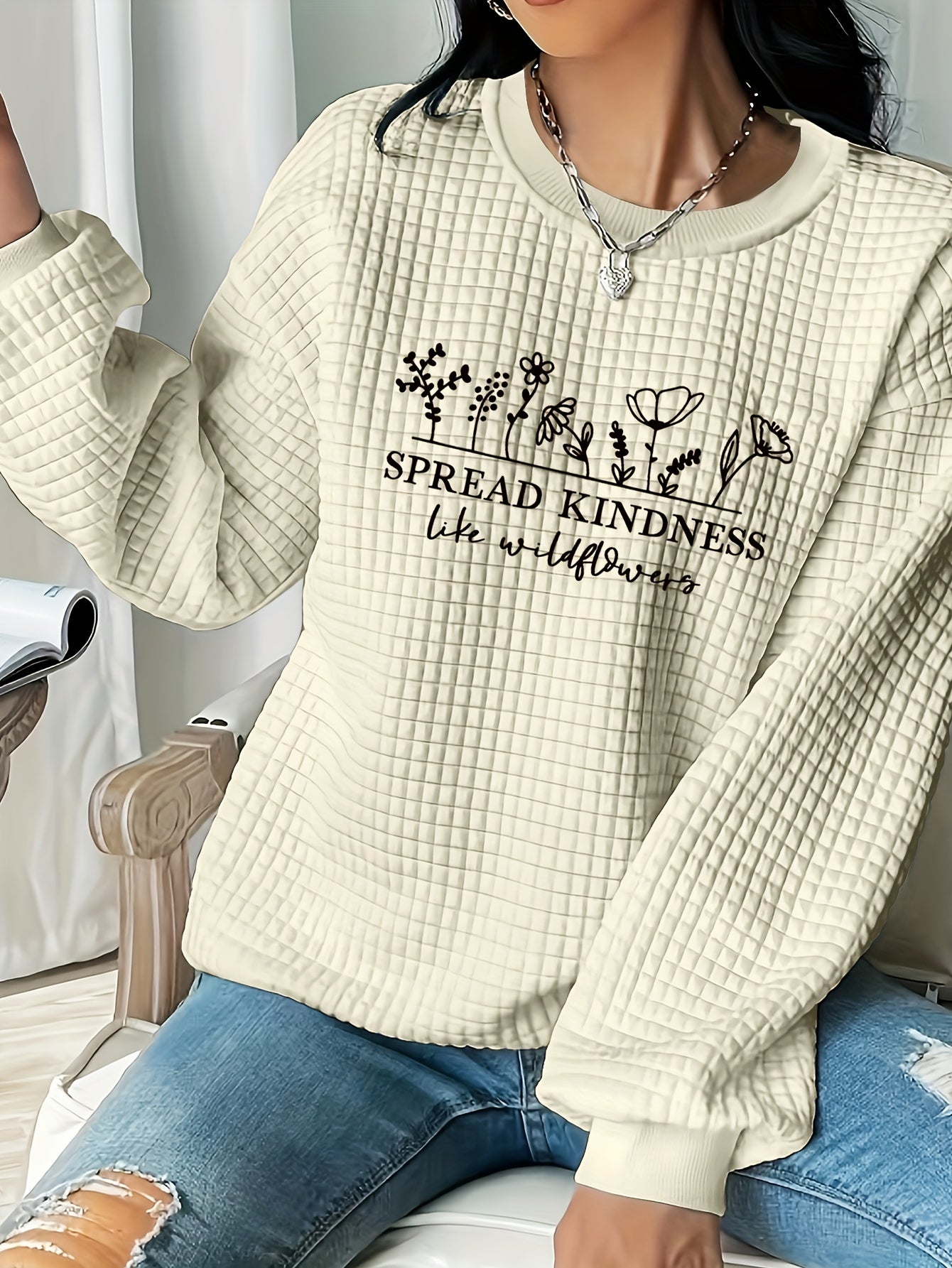 Women's Casual Long Sleeve Sweatshirt with Floral Print, Polyester Waffle Knit Pullover, Round Neck, Loose Fit, for Daily and Leisure Wear, Fall/Winter Collection