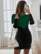 Color Block Open Knit Slim Dress, Stylish Crew Neck Long Sleeve Above Knee Sweater Dress, Women&