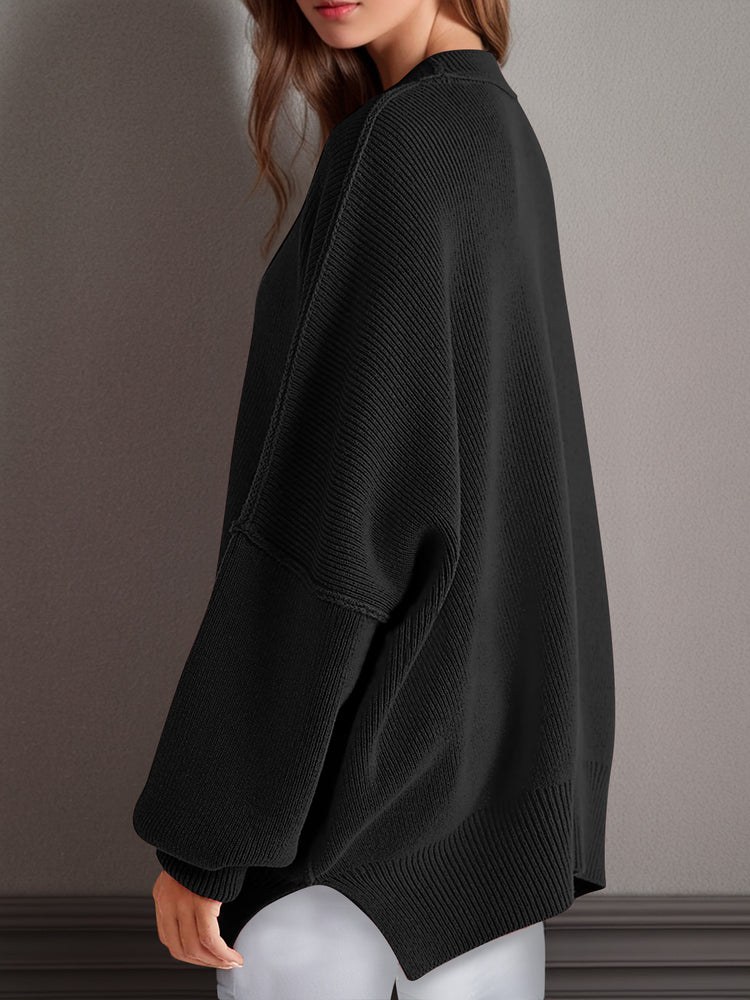Double Take Side Slit Round Neck Long Sleeve Sweater - MyEmpired