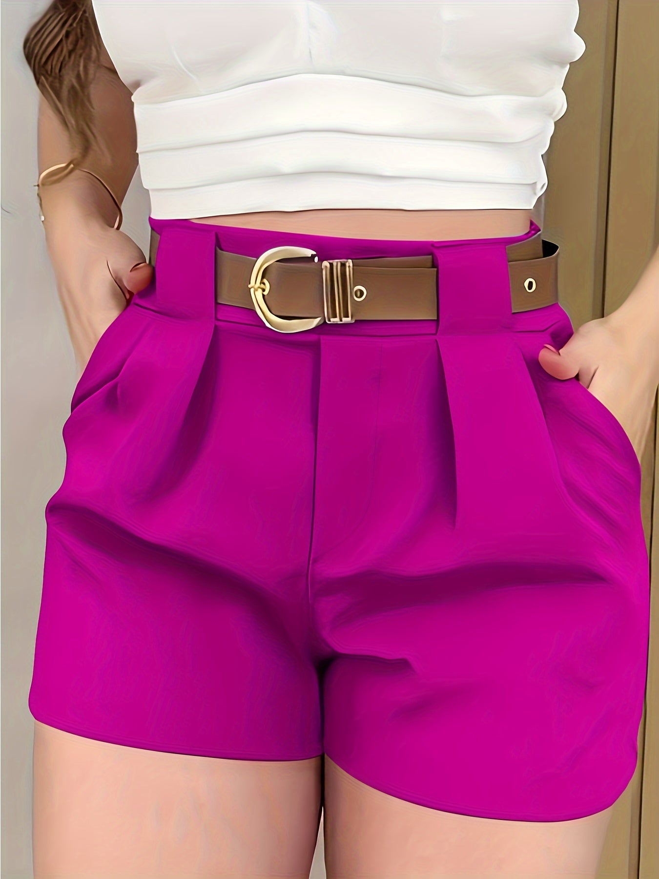 Slant Pockets High Waist Loose Shorts, Casual Solid Color Shorts For Spring & Summer, Women's Clothing