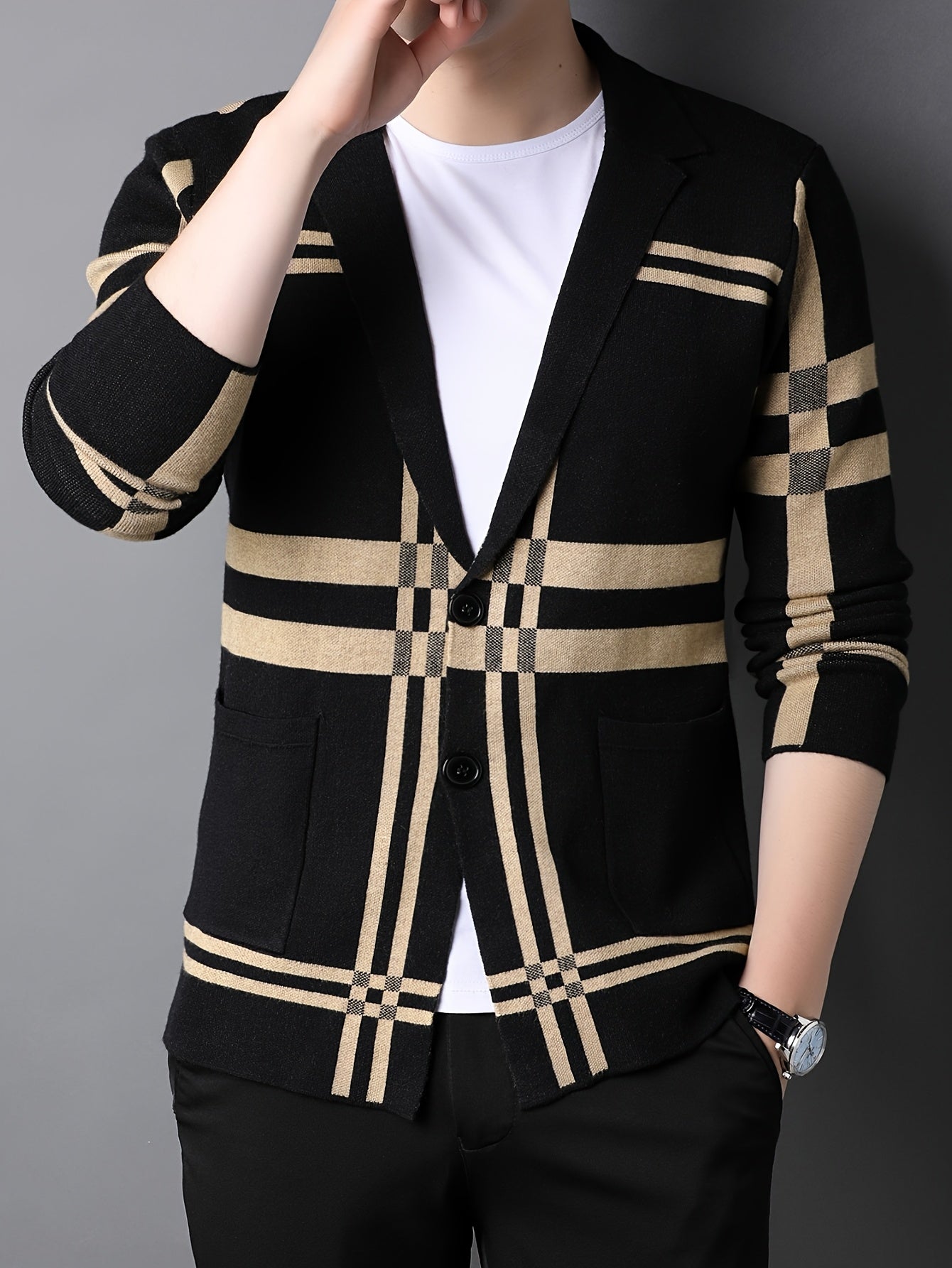 Men's Striped Knit Cardigan - Casual & Business-Ready, Button-Up with Lapel Collar for Fall/Winter, for Autumn, Spring