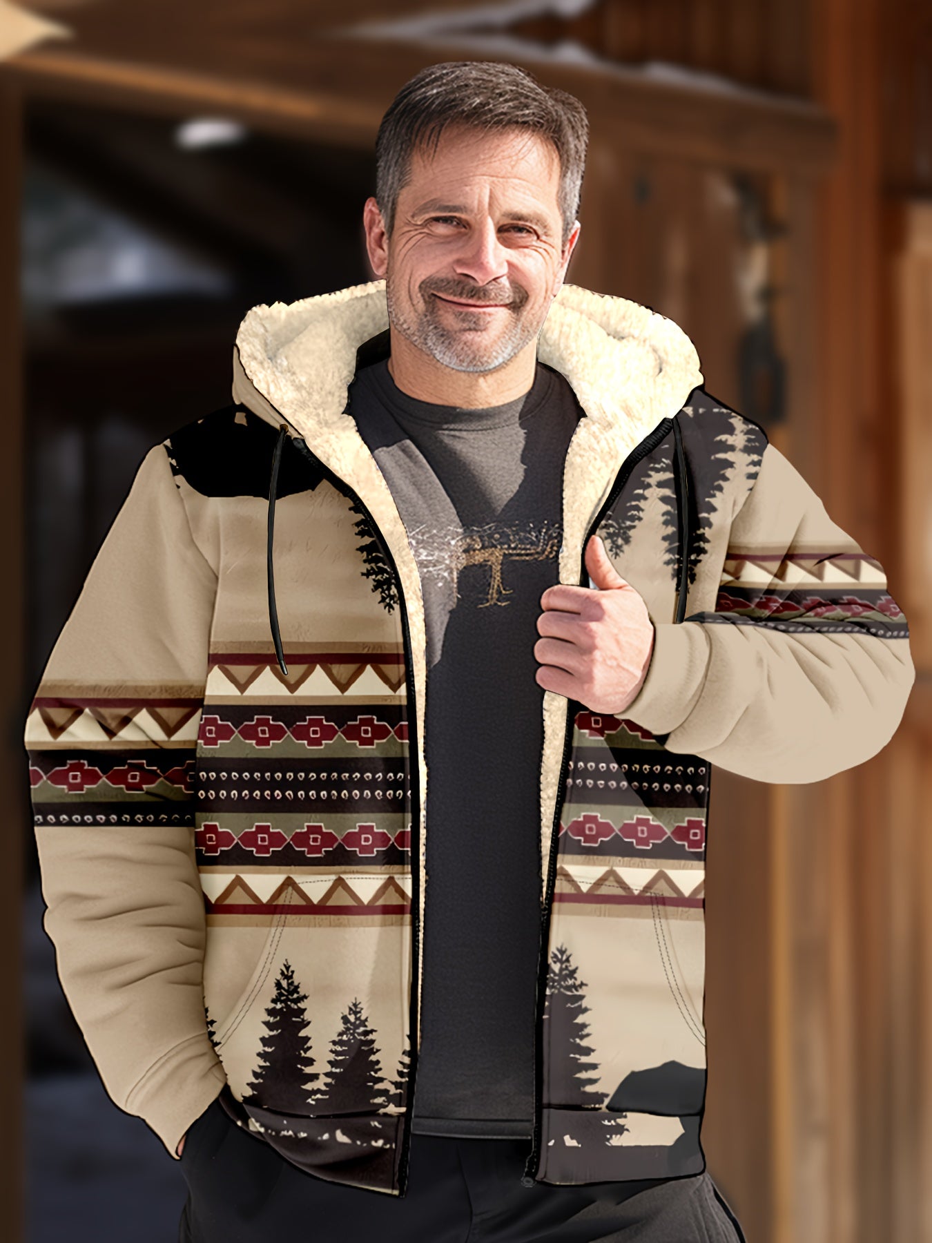 Men's Tribal Pattern Hooded Jacket - Casual 3D Print, Zip-Up with Fleece Lining, Long Sleeve, Machine Washable - Perfect for Fall/Winter