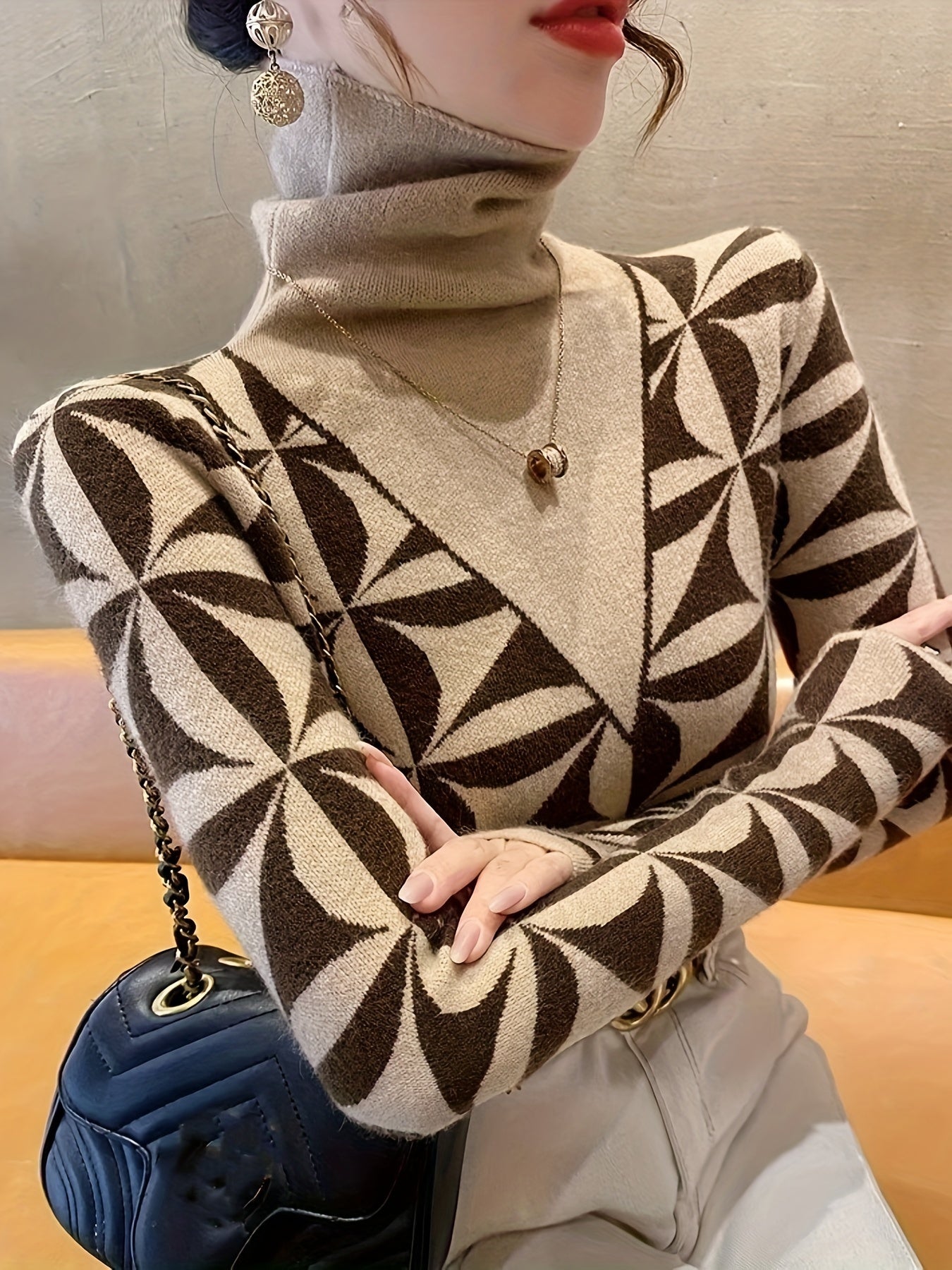 Geo Pattern Turtleneck Knit Sweater, Elegant Long Sleeve Pullover Sweater For Fall & Winter, Women's Clothing