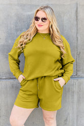 Double Take Full Size Texture Long Sleeve Top and Drawstring Shorts Set - MyEmpired
