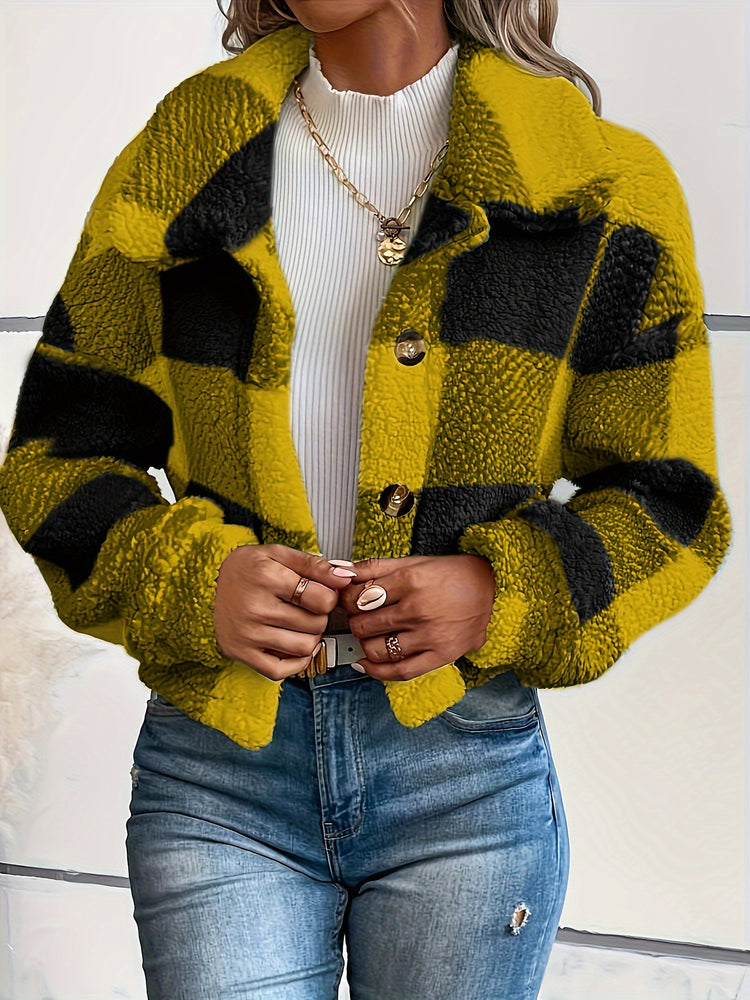 Plaid Teddy Coat, Casual Button Front Long Sleeve Winter Warm Outerwear, Women&