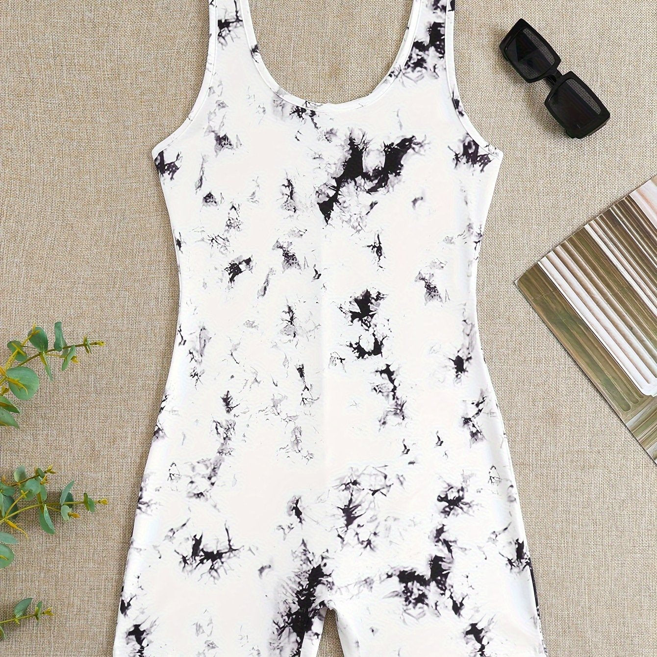 Tie Dye Print Pajama Romper, Round Neck Sleeveless Slim Fit Tank Romper, Women&