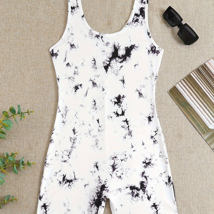 Tie Dye Print Pajama Romper, Round Neck Sleeveless Slim Fit Tank Romper, Women&