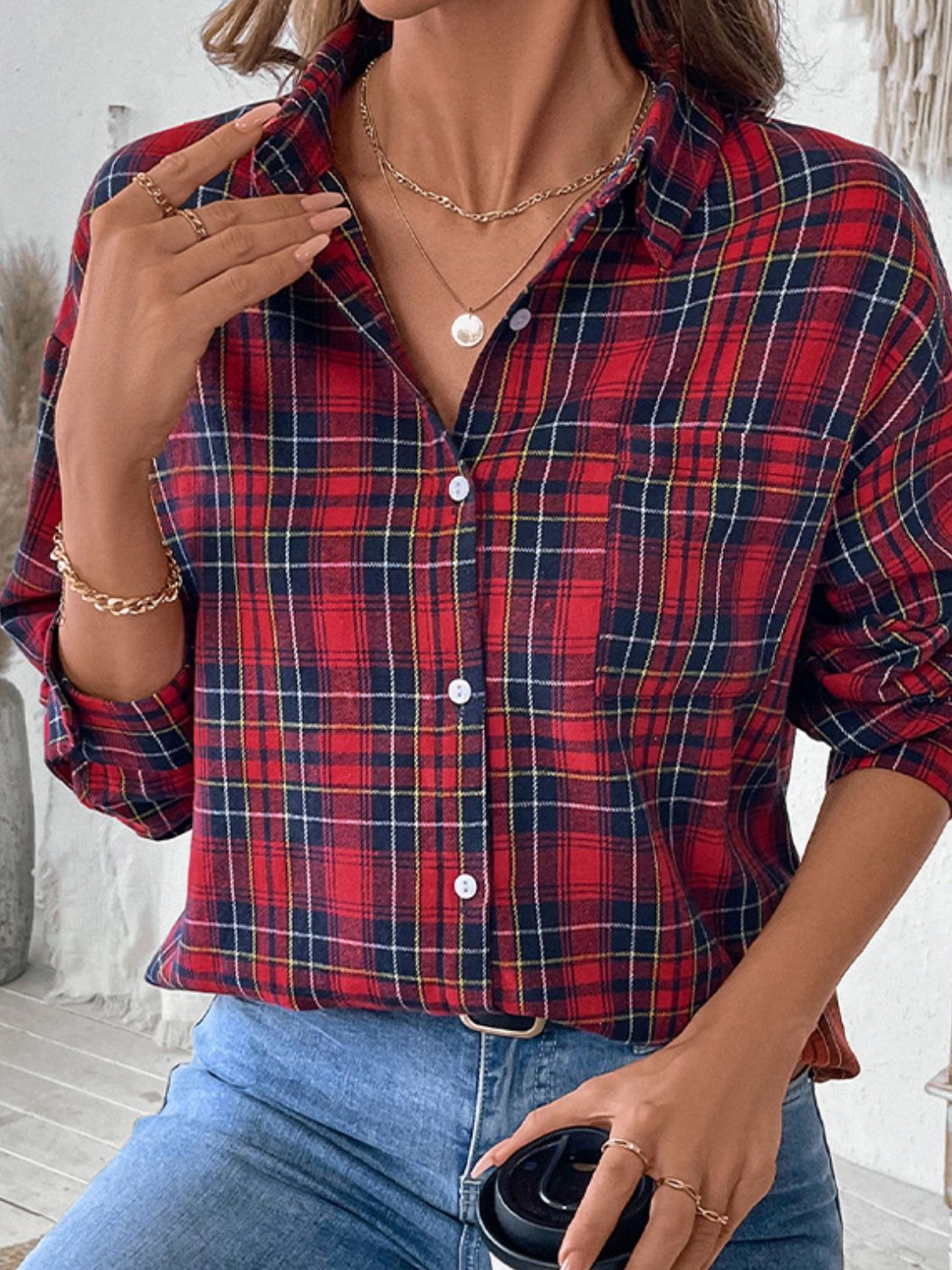 Perfee Plaid Button Up Long Sleeve Shirt - MyEmpired