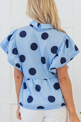 Polka Dot Print Ruffled Short Sleeve Buttoned Collared Blouse - MyEmpired