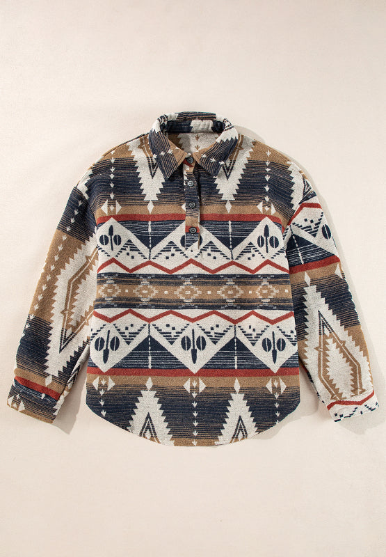 Geometric Half Button Long Sleeve Sweatshirt - MyEmpired