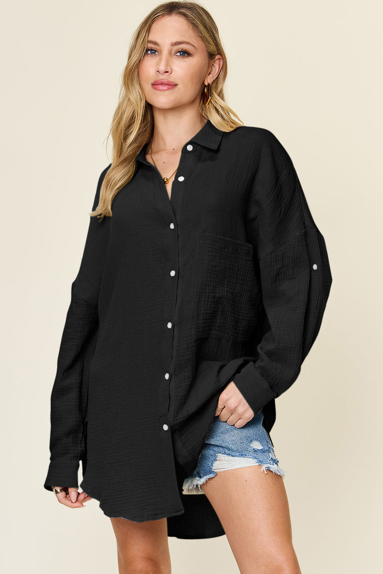Double Take Full Size Pocketed Texture Button Up Shirt - MyEmpired