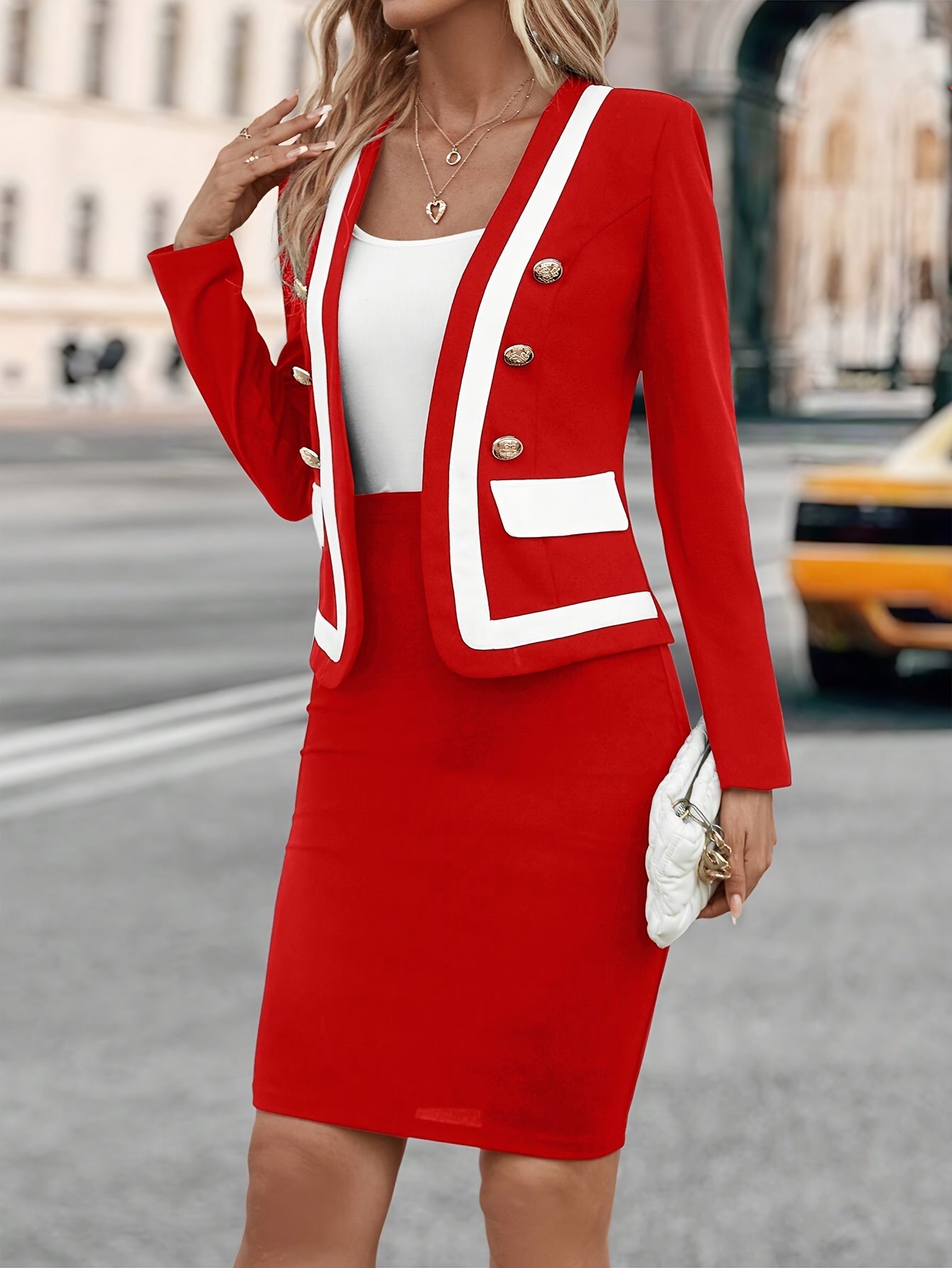 Elegant Women's Two-Piece Outfit: Color Block Double-Breasted Blazer & Solid Skirt Set - Machine Washable, Polyester