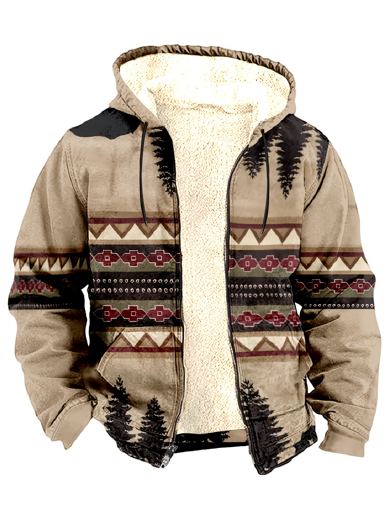 Men's Tribal Pattern Hooded Jacket - Casual 3D Print, Zip-Up with Fleece Lining, Long Sleeve, Machine Washable - Perfect for Fall/Winter