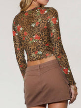 Leopard Floral Round Neck Long Sleeve Mesh T-Shirt - MyEmpired