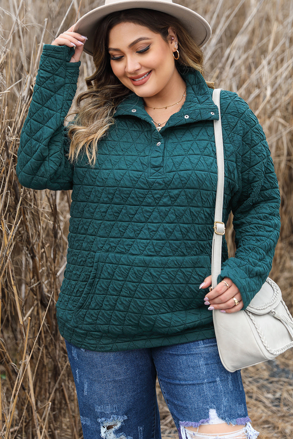 Plus Size Quarter Snap Quilted Sweatshirt - MyEmpired