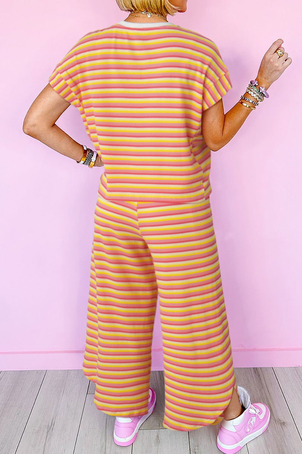 Striped Round Neck Short Sleeve Top and Pants Set - MyEmpired
