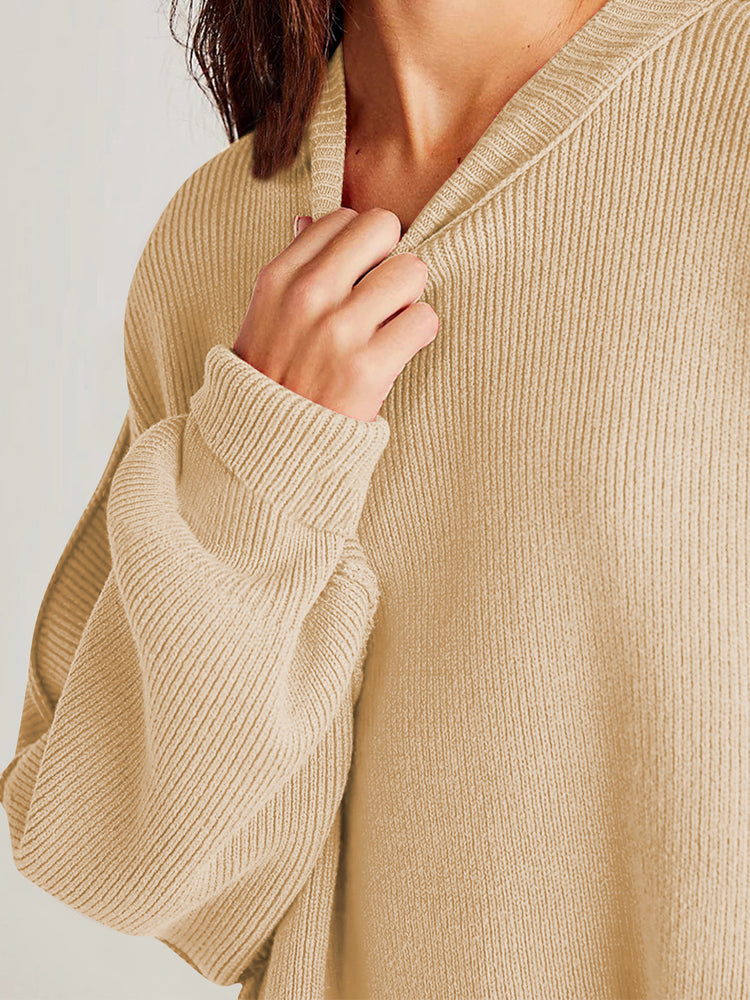 Double Take Side Slit Round Neck Long Sleeve Sweater - MyEmpired