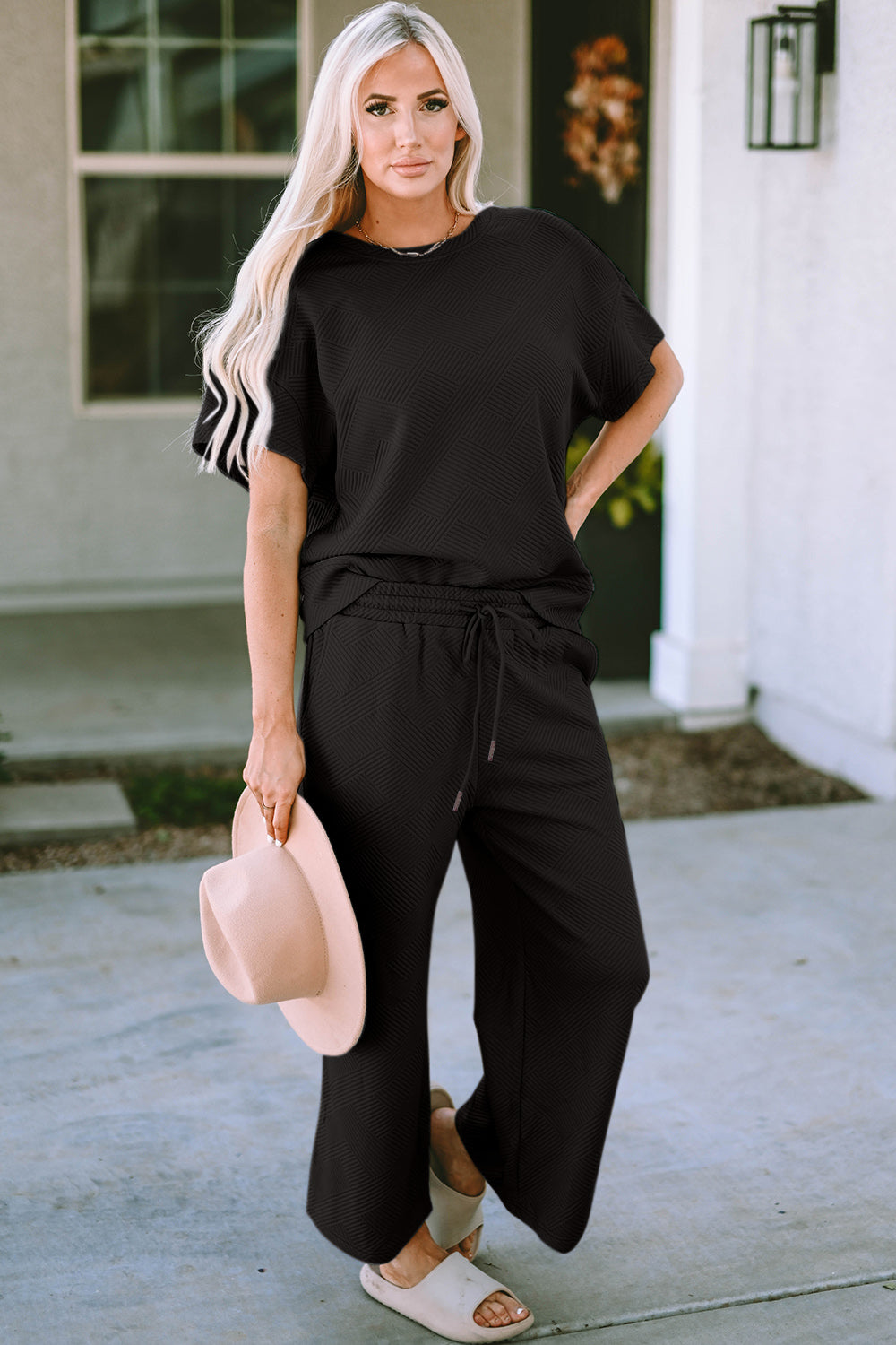 Double Take Full Size Texture Short Sleeve Top and Pants Set - MyEmpired