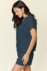 Double Take Full Size Texture Short Sleeve T-Shirt and Drawstring Shorts Set - MyEmpired