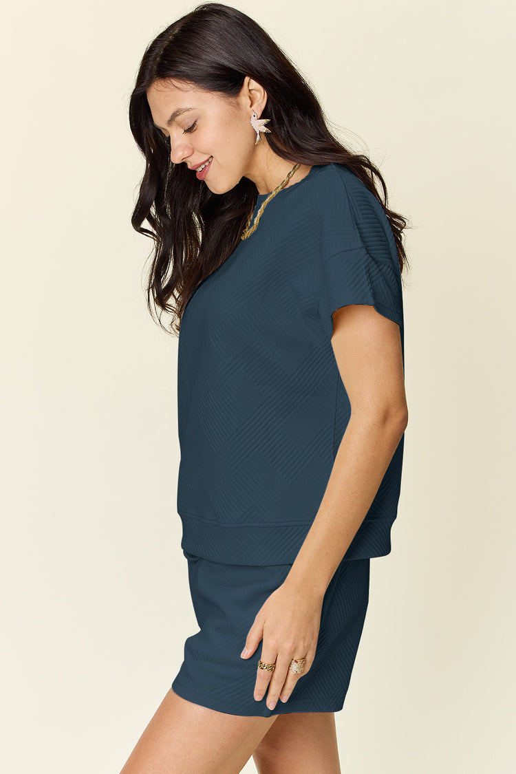Double Take Full Size Texture Short Sleeve T-Shirt and Drawstring Shorts Set - MyEmpired
