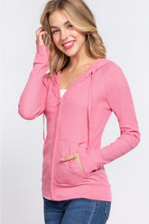 ACTIVE BASIC Waffle Knit Drawstring Zip Up Long Sleeve Hoodie - MyEmpired