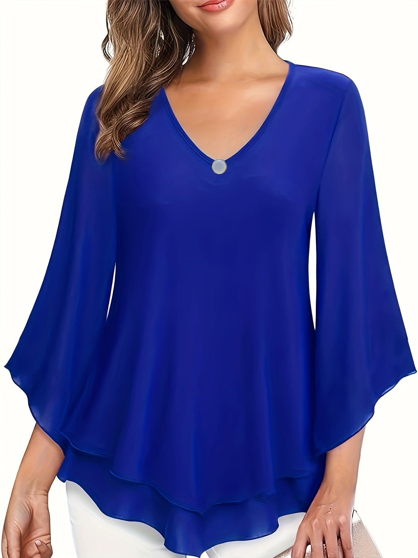 Solid Color V-neck Blouse, Casual Flare Sleeve Layered Hem Top For Spring & Fall, Women&