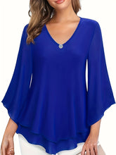 Solid Color V-neck Blouse, Casual Flare Sleeve Layered Hem Top For Spring & Fall, Women&