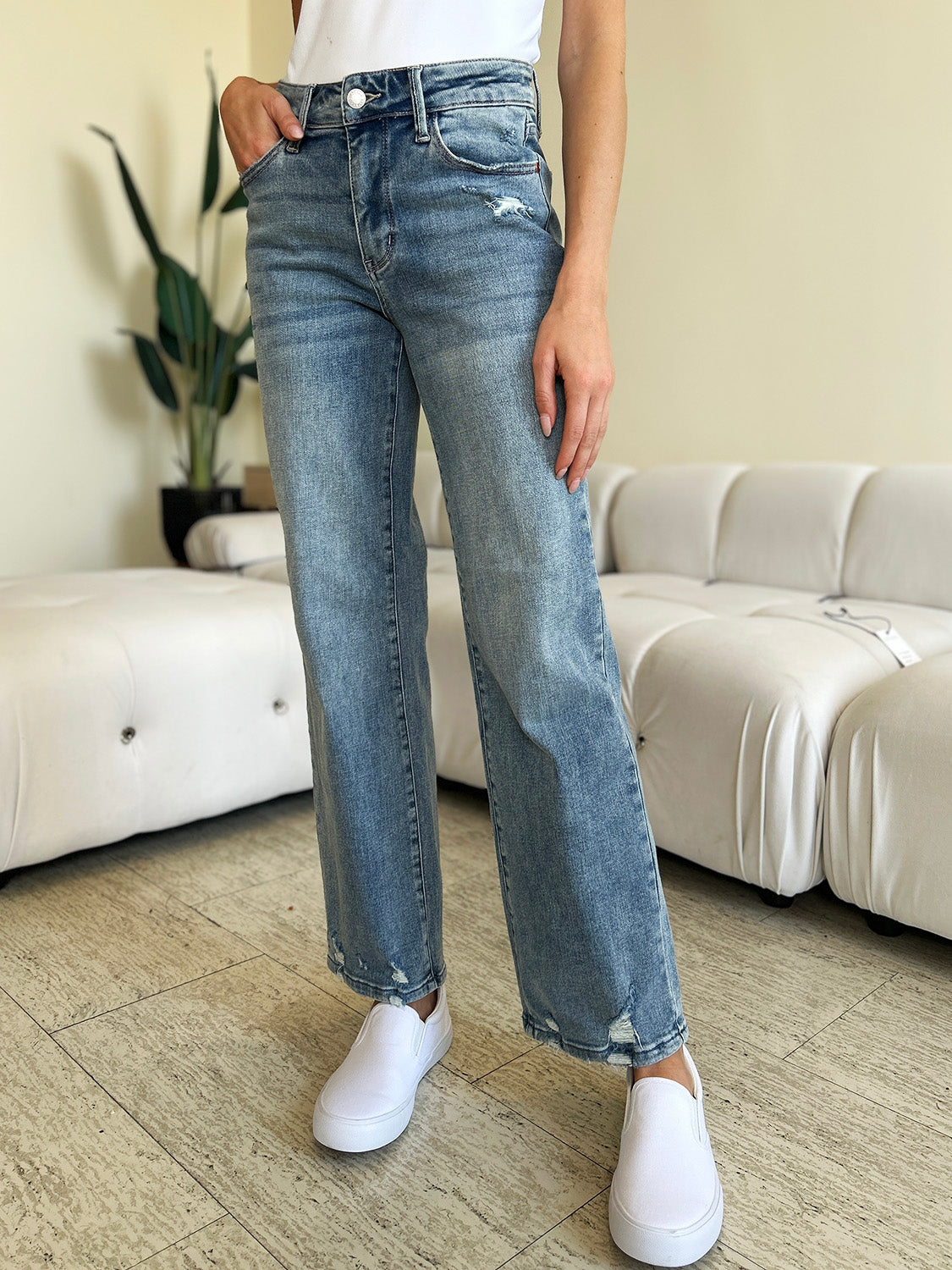 Judy Blue Full Size Mid Rise Distressed Straight Jeans - MyEmpired